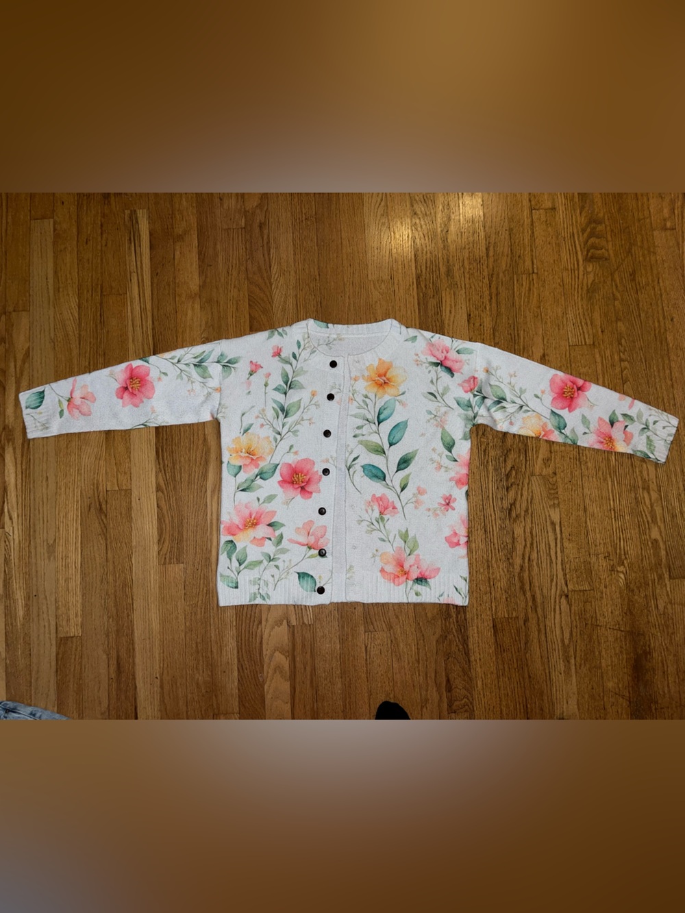 SHEIN White Floral Button-Up Cardigan with Pink & Yellow Flowers